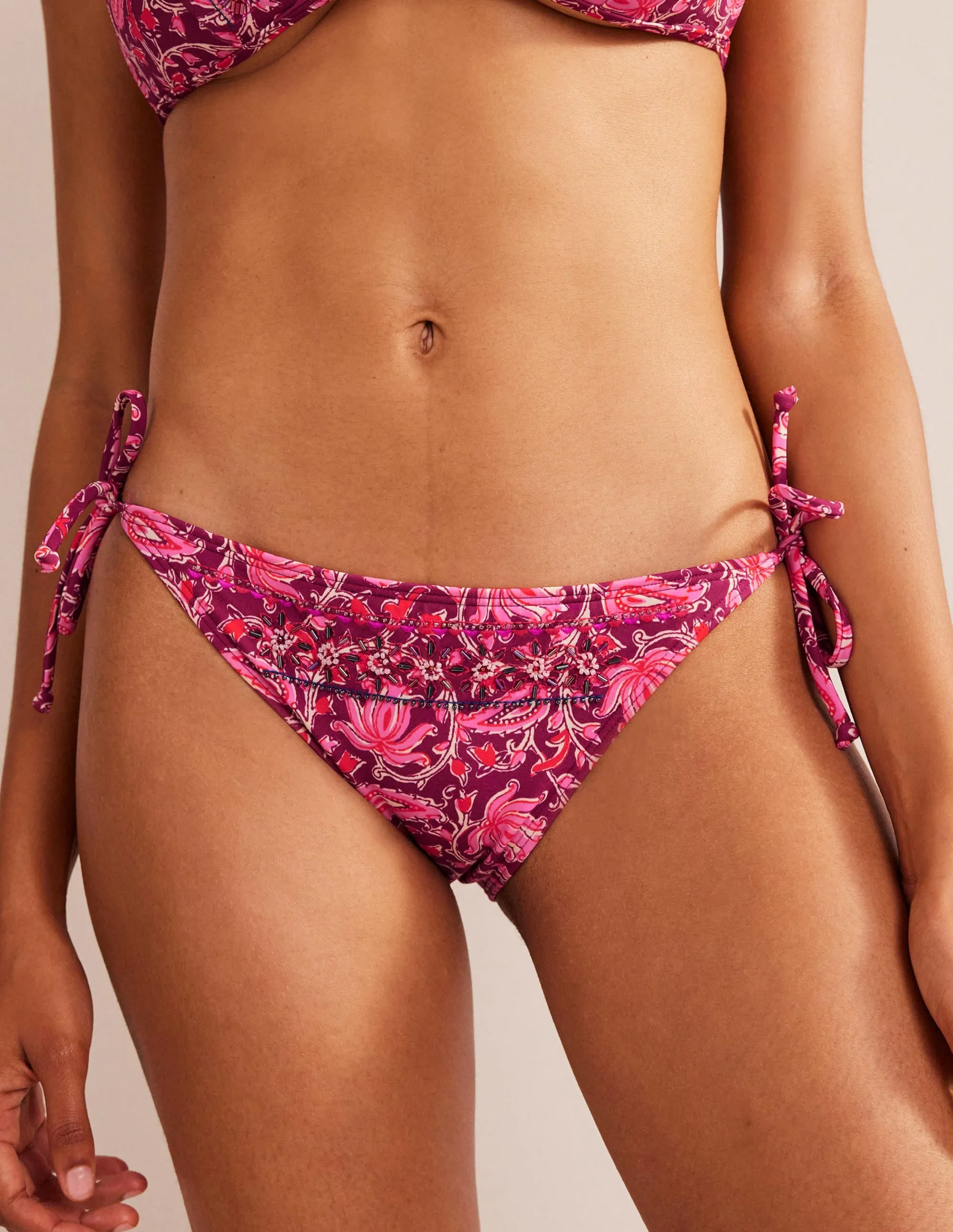 Bead Embellished Bikini Bottom-Raspberry Pink, Botanic Vine